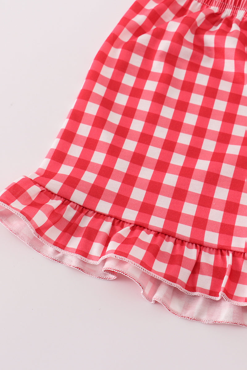 Blue apple applique smocked ruffle shorts set