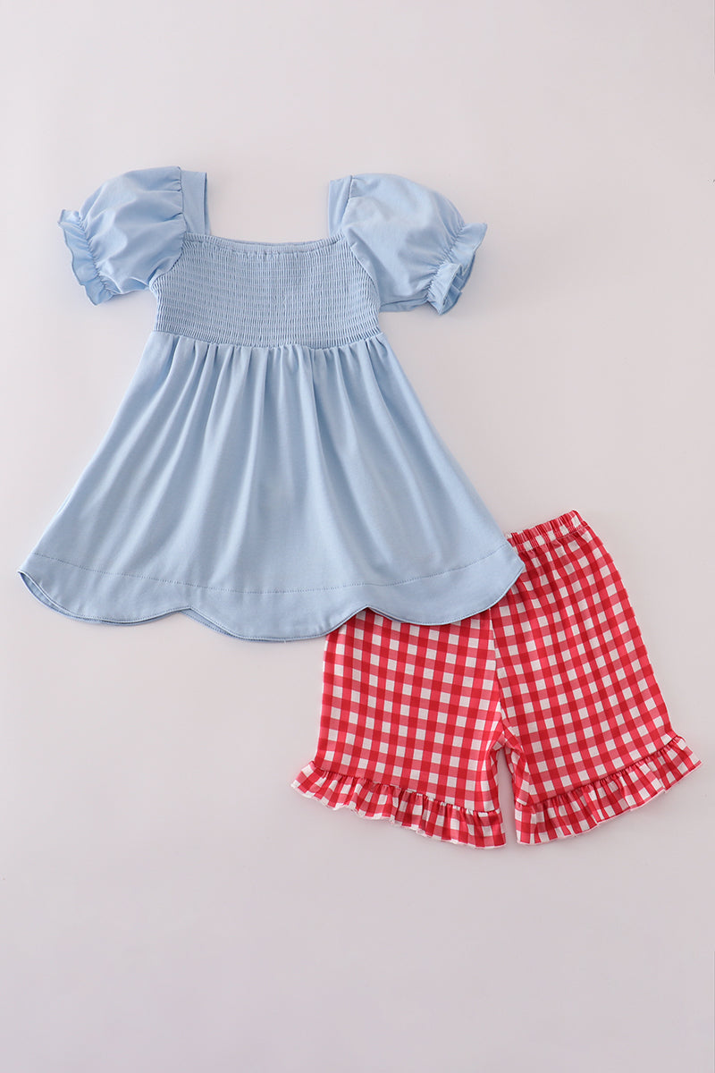 Blue apple applique smocked ruffle shorts set