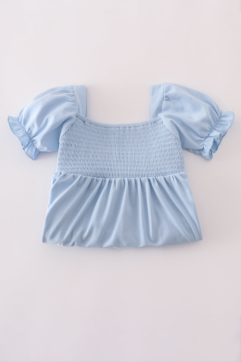 Blue apple applique smocked ruffle shorts set