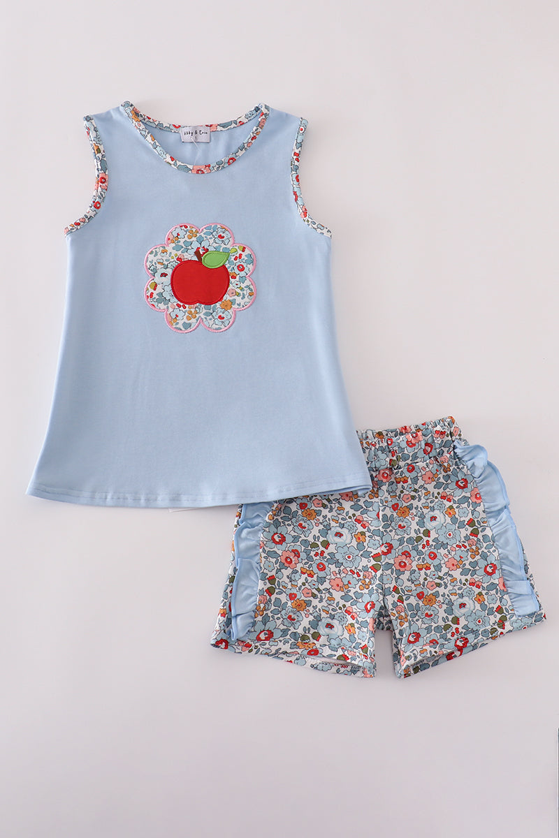 Blue apple floral applique ruffle shorts set