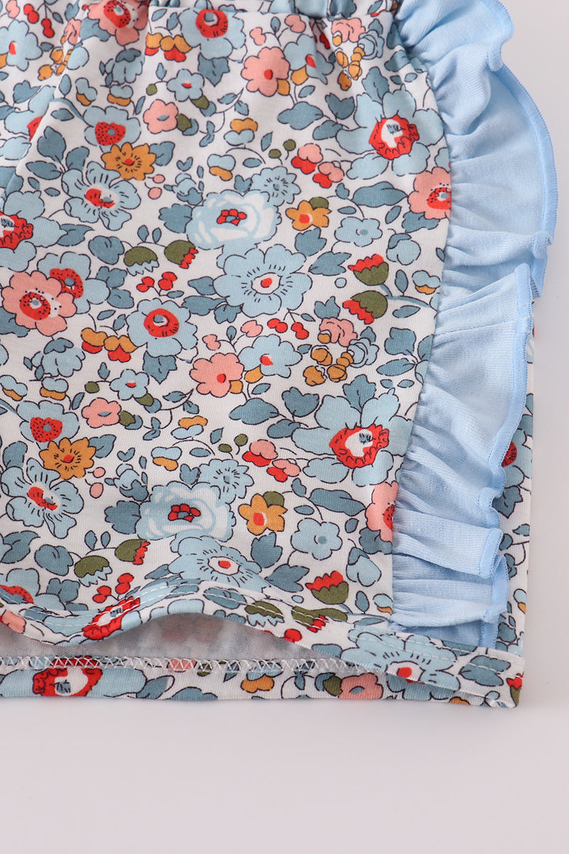 Blue apple floral applique ruffle shorts set