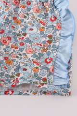 Blue apple floral applique ruffle shorts set