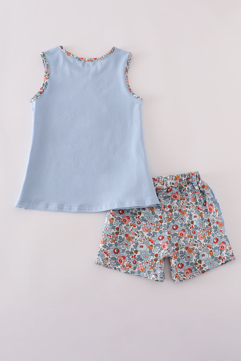Blue apple floral applique ruffle shorts set