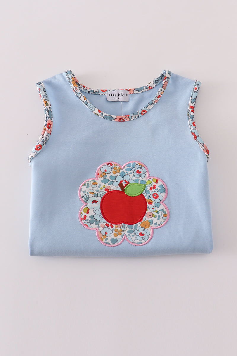 Blue apple floral applique ruffle shorts set
