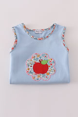 Blue apple floral applique ruffle shorts set