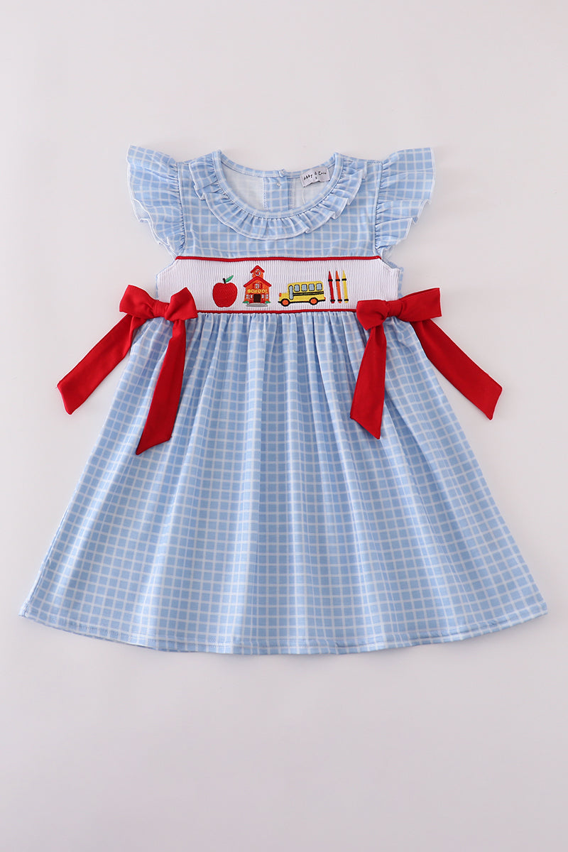 Blue apple bus embroidery smocked plaid dress