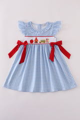 Blue apple bus embroidery smocked plaid dress