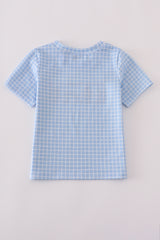 Blue apple bus embroidery plaid top