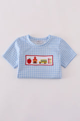Blue apple bus embroidery plaid top