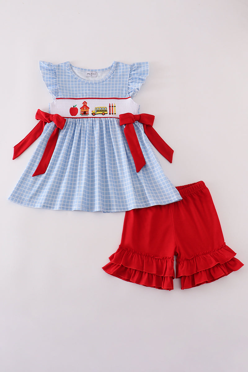 Blue apple bus embroidery plaid ruffle shorts set