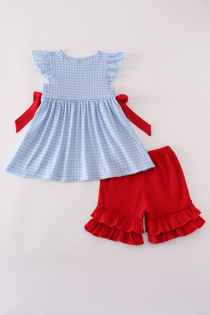 Blue apple bus embroidery plaid ruffle shorts set