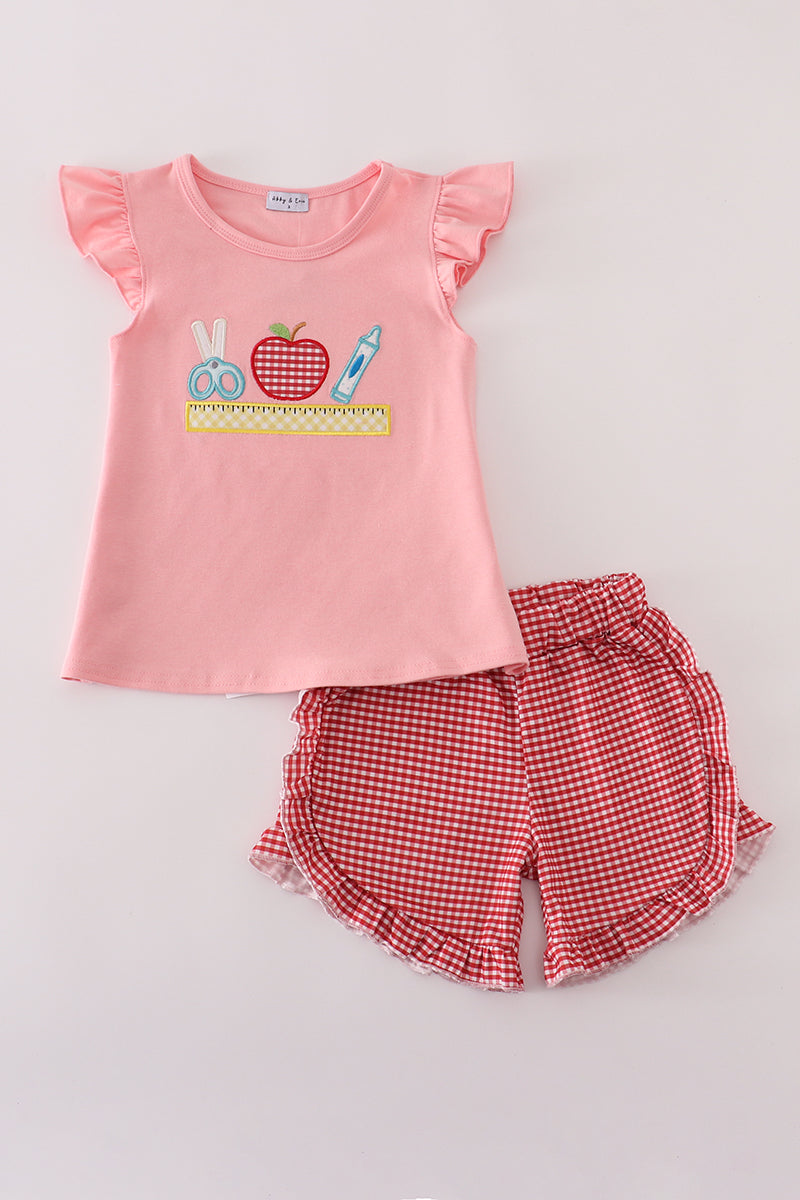 Pink apple pencil applique shorts set