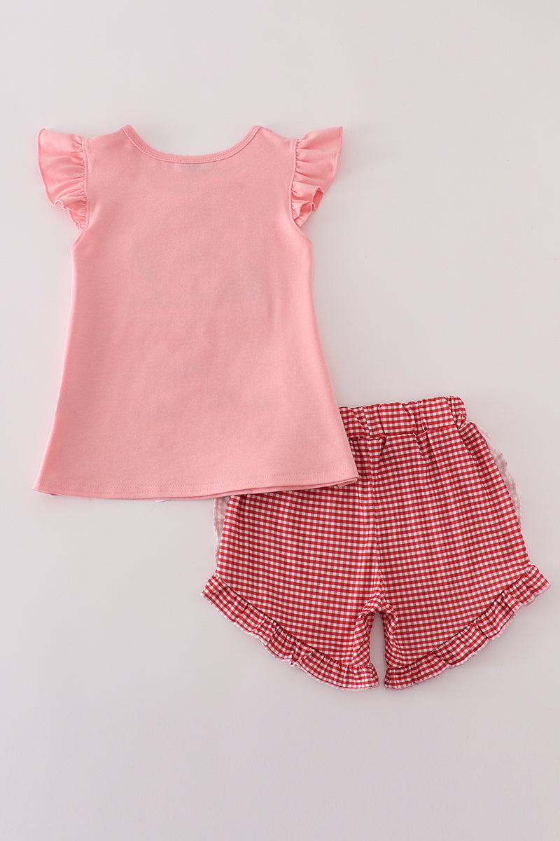 Pink apple pencil applique shorts set