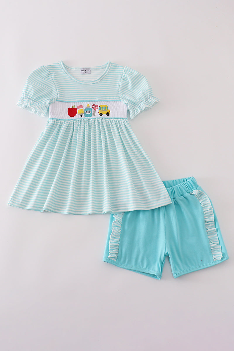 Blue apple pencil bus embroidery smocked shorts set