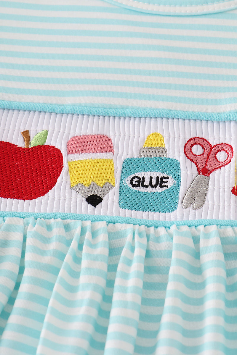 Blue apple pencil bus embroidery smocked shorts set