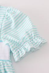 Blue apple pencil bus embroidery smocked shorts set