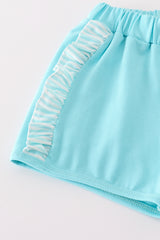 Blue apple pencil bus embroidery smocked shorts set
