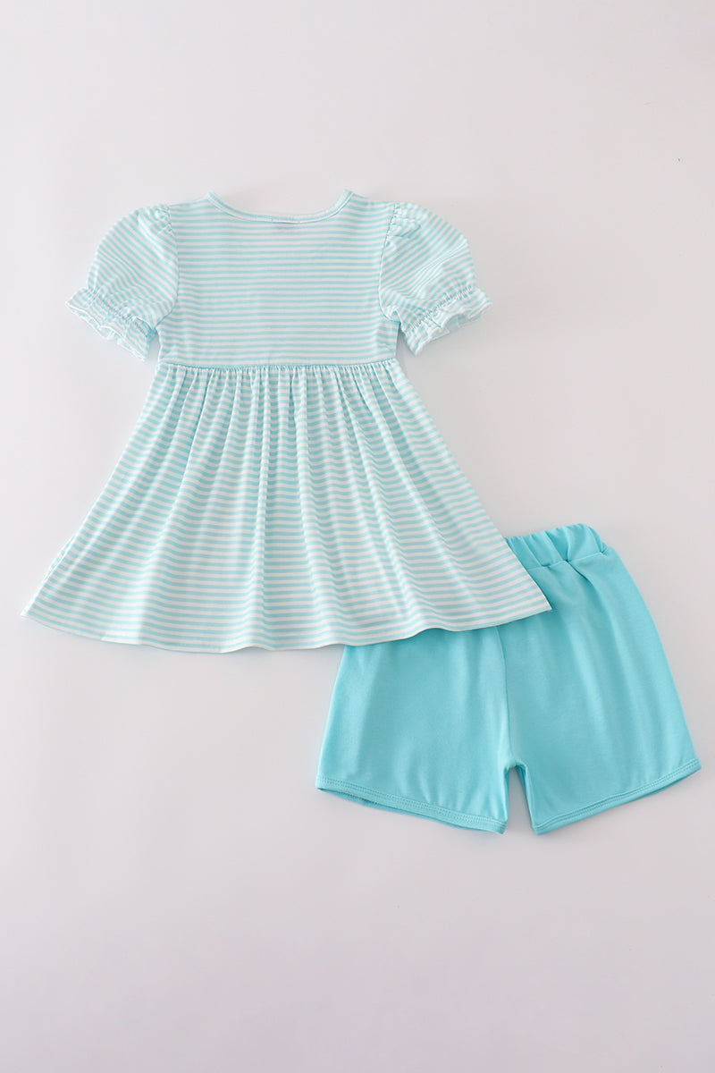 Blue apple pencil bus embroidery smocked shorts set
