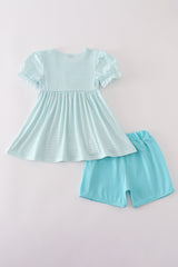 Blue apple pencil bus embroidery smocked shorts set