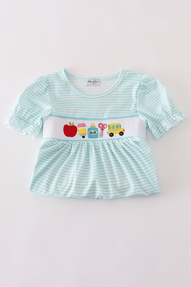 Blue apple pencil bus embroidery smocked shorts set