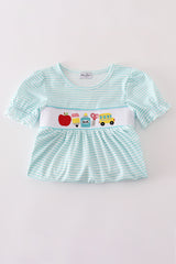 Blue apple pencil bus embroidery smocked shorts set
