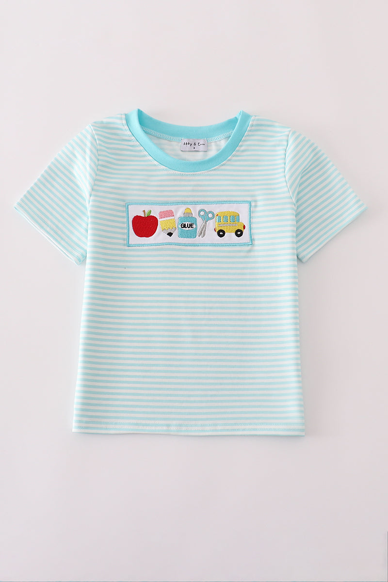 Blue apple pencil bus embroidery stripe top