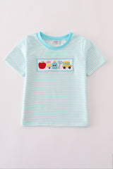 Blue apple pencil bus embroidery stripe top