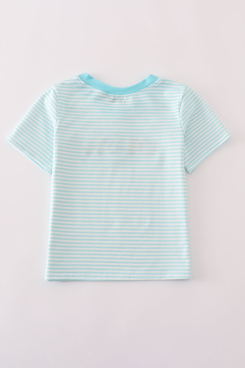Blue apple pencil bus embroidery stripe top