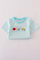 Blue apple pencil bus embroidery stripe top