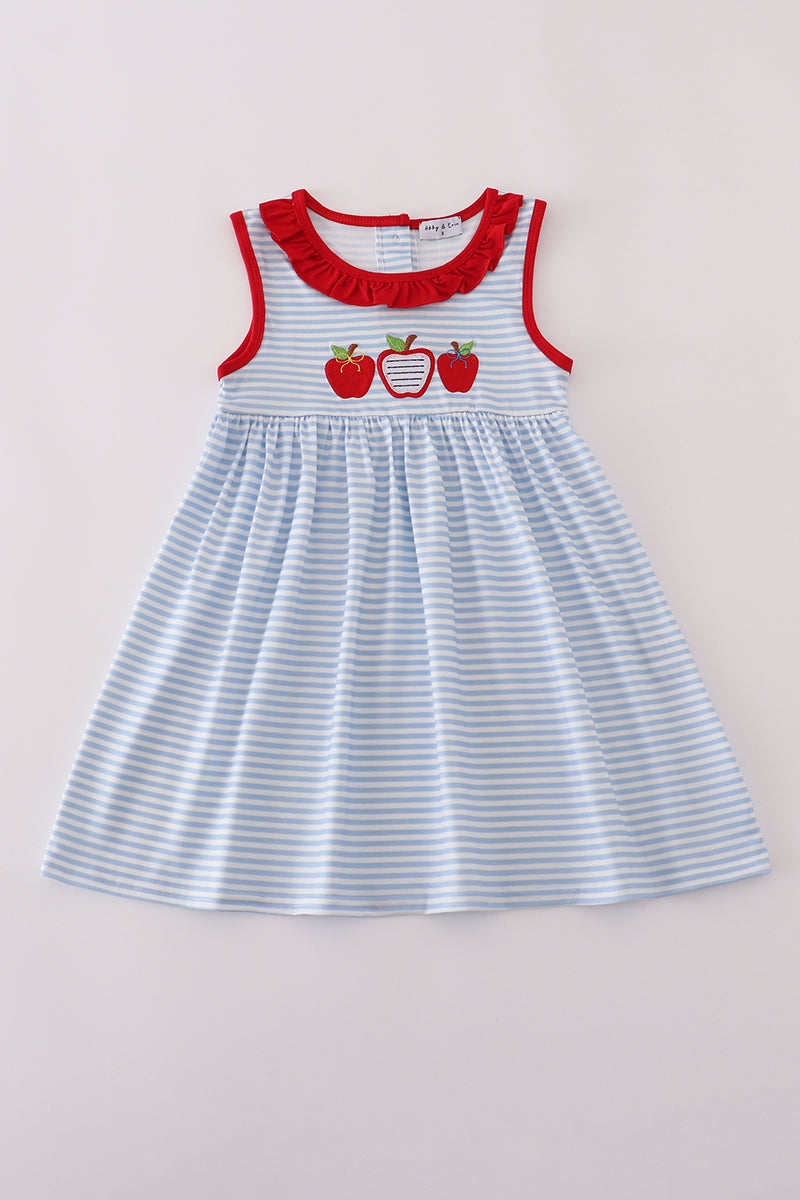Red stripe apple embroidery ruffle dress