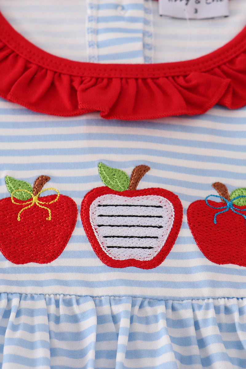 Red stripe apple embroidery ruffle dress