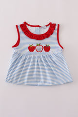 Red stripe apple embroidery ruffle dress