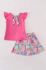 Hot pink floral bow applique active skorts set