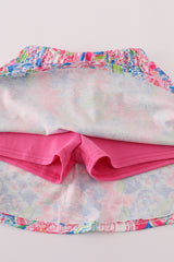 Hot pink floral bow applique active skorts set