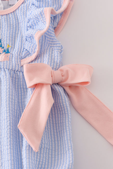 Blue stripe seersucker castle embroidery ruffle bubble