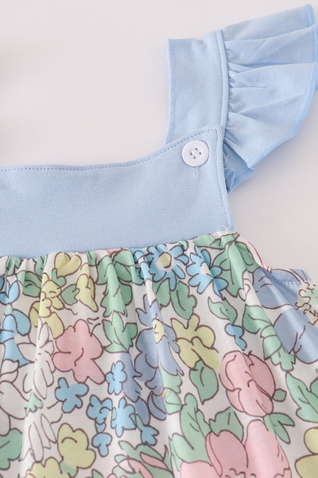 Blue floral print ruffle shorts set