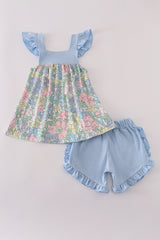 Blue floral print ruffle shorts set