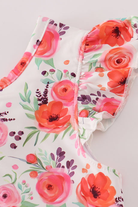 Coral floral print swiss dot leotard