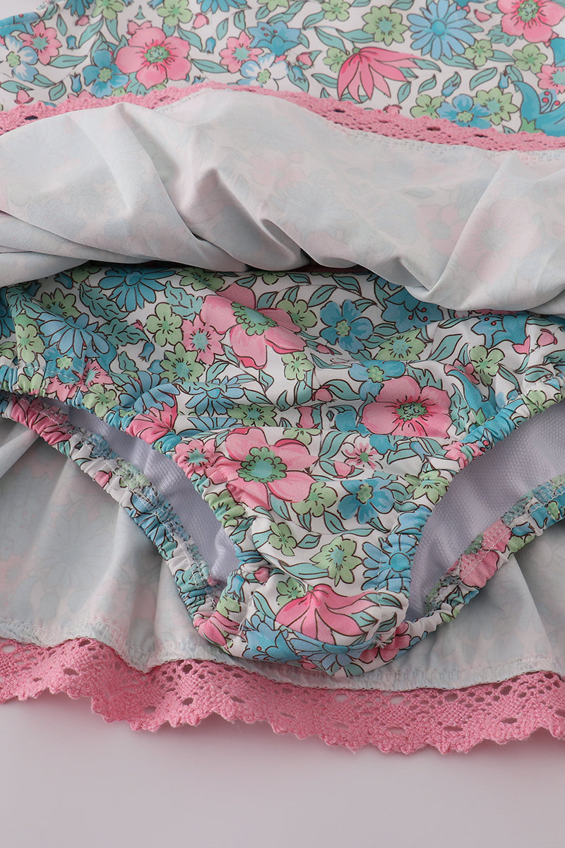 Green floral lace ruffle leotard