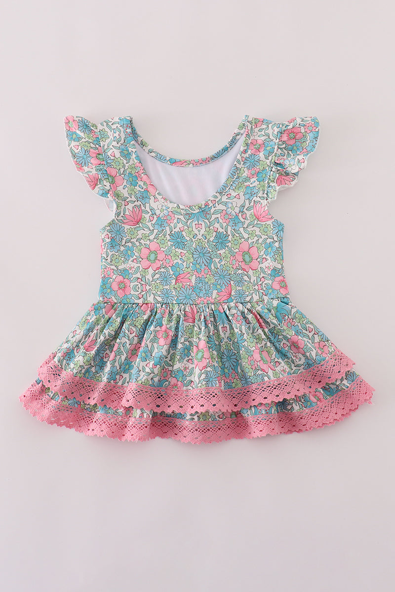 Green floral lace ruffle leotard