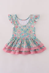 Green floral lace ruffle leotard