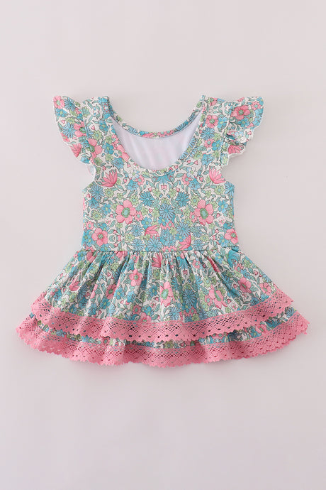 Green floral lace ruffle leotard
