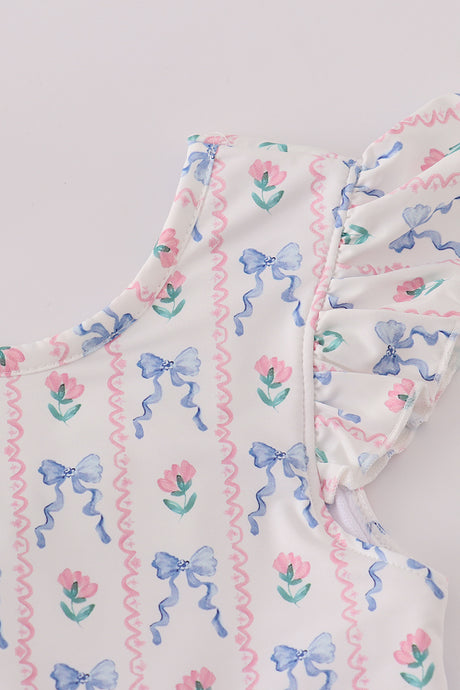 Bow floral lace ruffle leotard