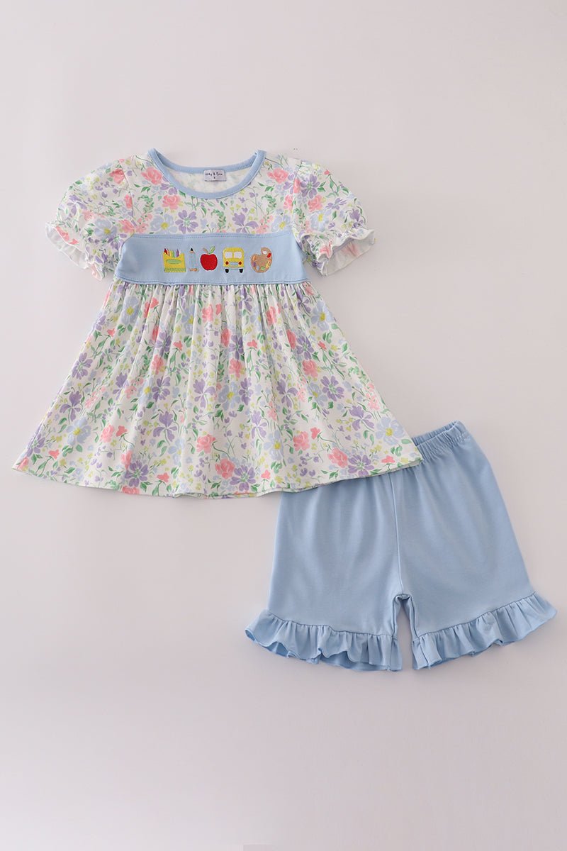 Floral print crayon apple embroidery ruffle shorts set