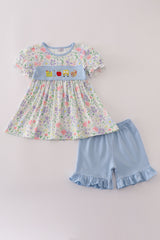 Floral print crayon apple embroidery ruffle shorts set