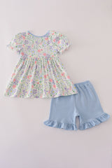 Floral print crayon apple embroidery ruffle shorts set