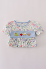 Floral print crayon apple embroidery ruffle shorts set