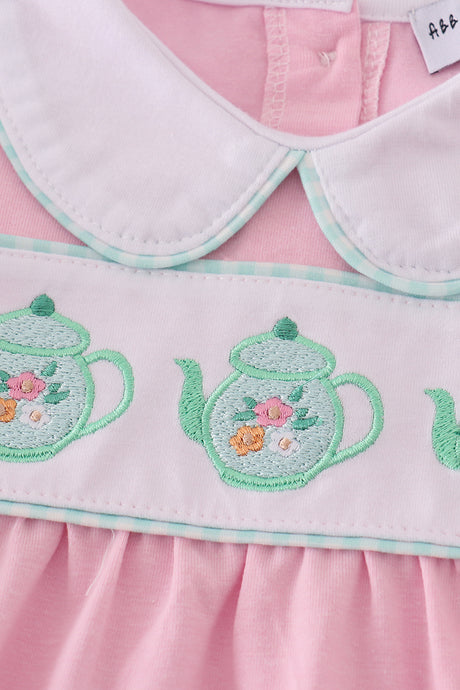 Pink teapot embroidery puff sleeve bubble