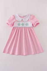 Pink teapot embroidery puff sleeve dress