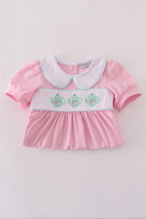 Pink teapot embroidery puff sleeve dress